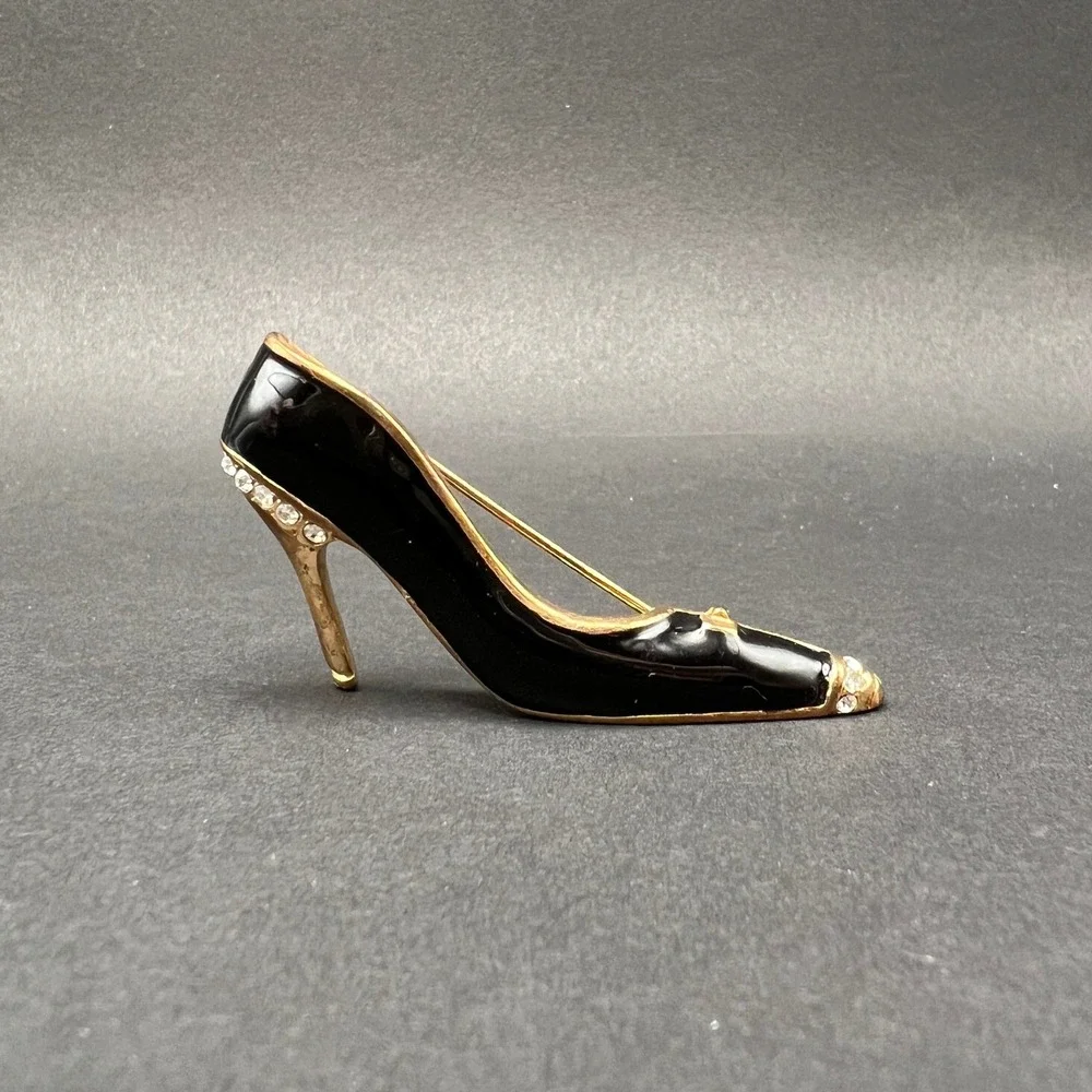 Vintage Shoe Brooch Gold Tone‎ Black Enamel High Heel Stiletto
